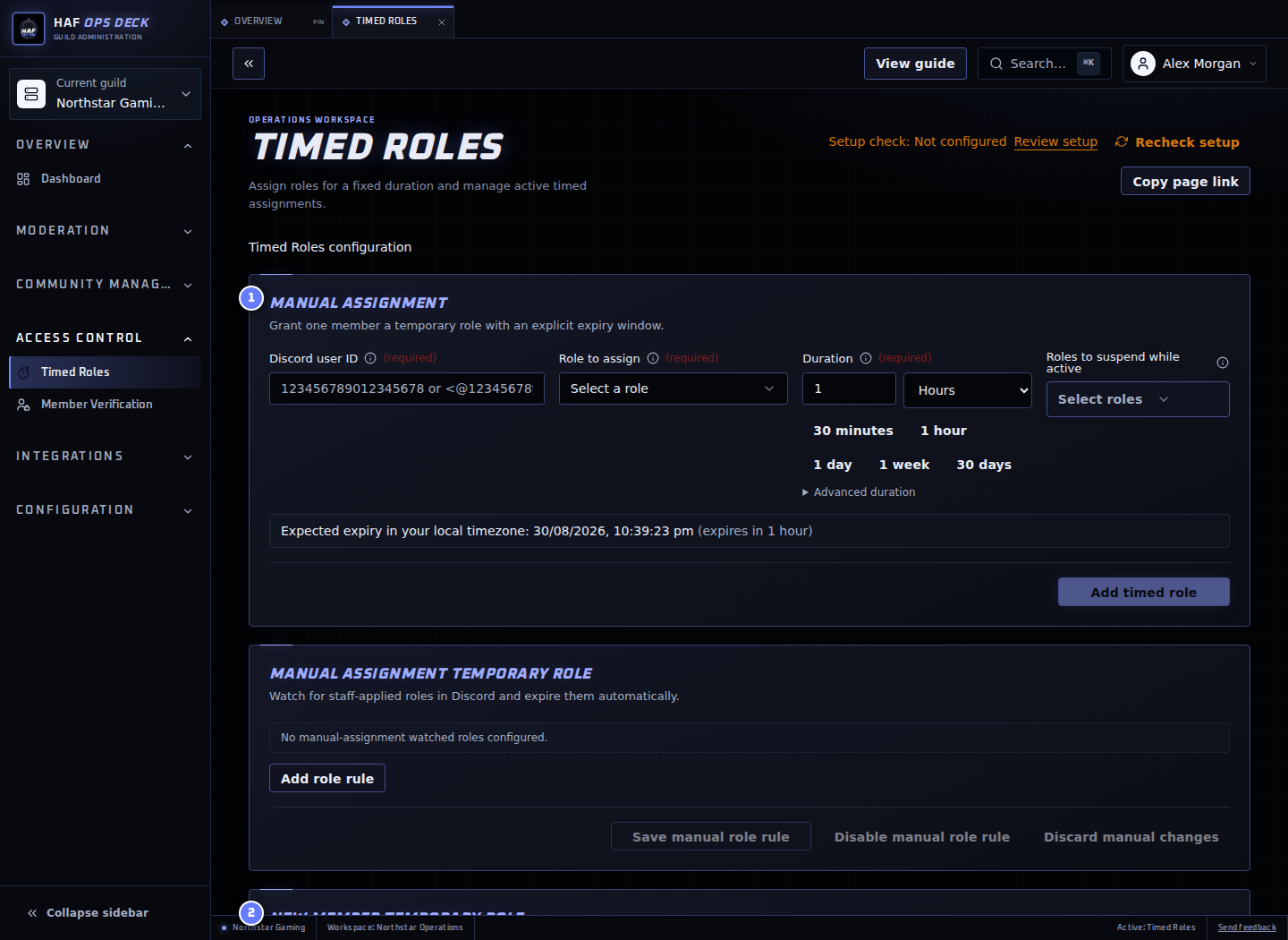 Timed Roles dashboard with assignment and automation areas numbered